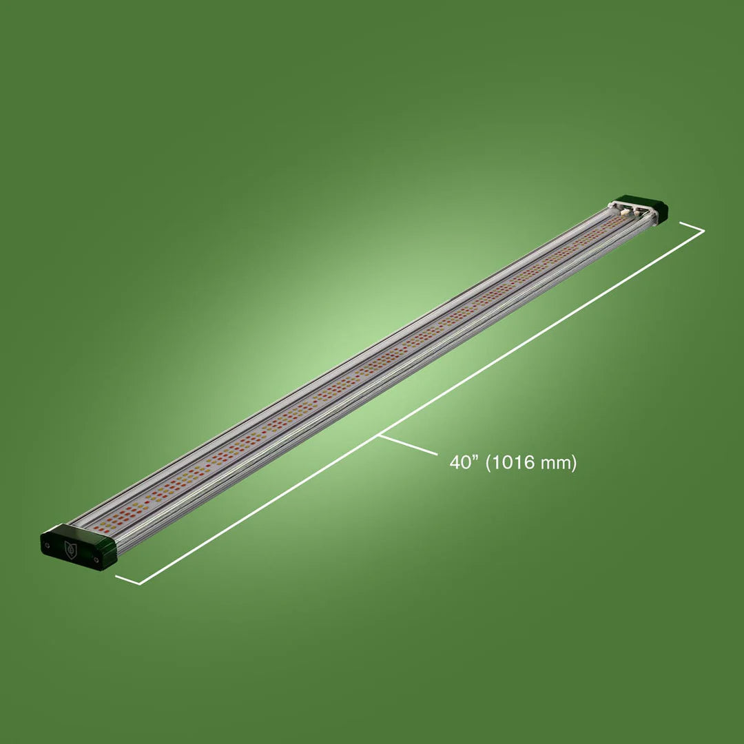 FloraFlex 6-bar 720W LED grow light. Silver fixture, green end caps, with 40" (1016mm) length dimension.