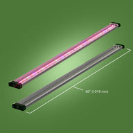 Two LED grow light bars, one glowing red/purple, one off. Annotated with 40