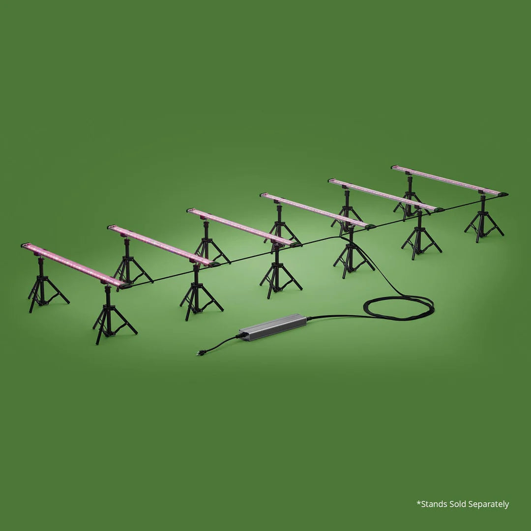 Eight FloraFlex pink LED grow light bars on black tripod stands with power supply, on green background.