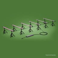 Eight FloraFlex pink LED grow light bars on black tripod stands with power supply, on green background.