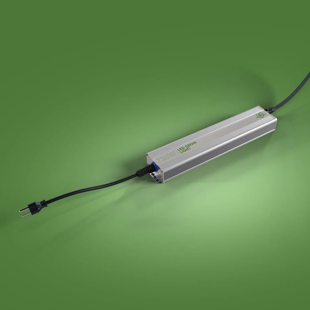 FloraFlex 720W LED grow light in silver, with power cords on a green backdrop. Horticultural lighting.