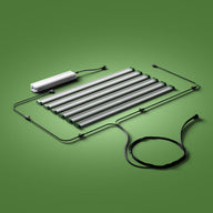 FloraFlex 6-bar 720W LED grow light setup with power supply and cables on a green background.