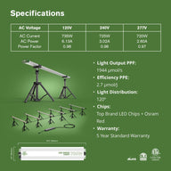 FloraFlex 6-bar 720W LED grow light with detailed specifications: electrical, light output, dimensions, and certifications.