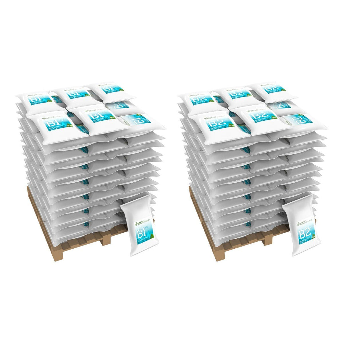 Two tall stacks of FloraFlex Bloom Nutrients bags on wooden pallets, labeled B1 and B2.