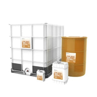 FloraFlex Cal-Mag Iron nutrients: large IBC tote, 55-gallon drum, and two smaller jugs.