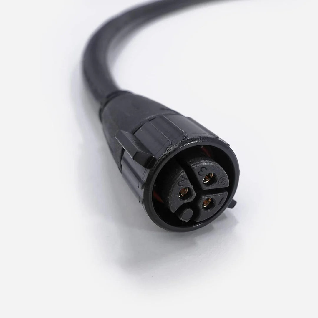 Black 3-pin electrical connector for a power cable, with numbered pins, on a white background.
