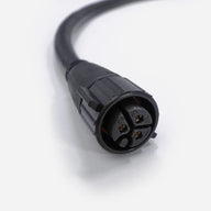 Black 3-pin electrical connector for a power cable, with numbered pins, on a white background.