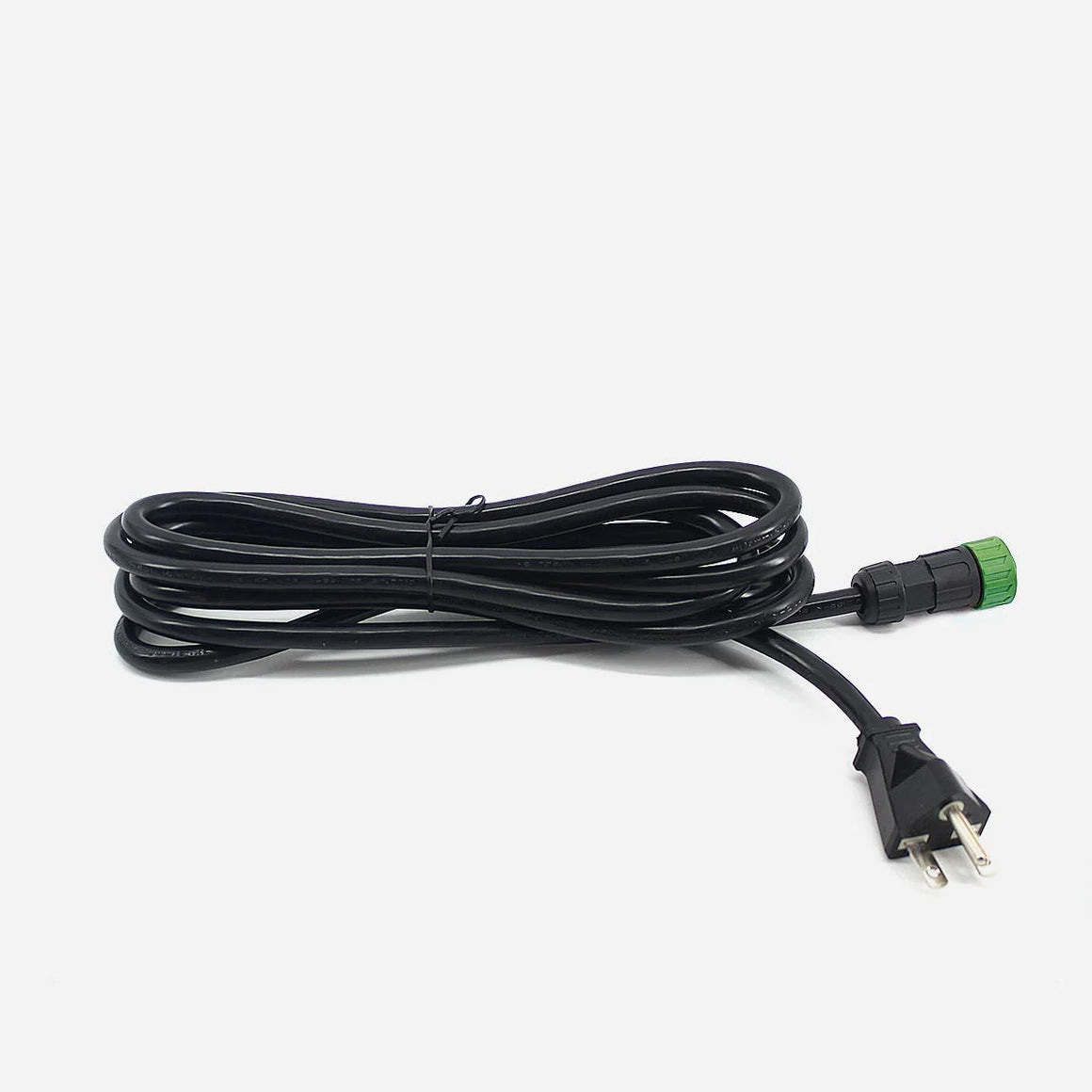 Black coiled daisy chain power cord with a two-prong plug and a green-capped connector on a white background.