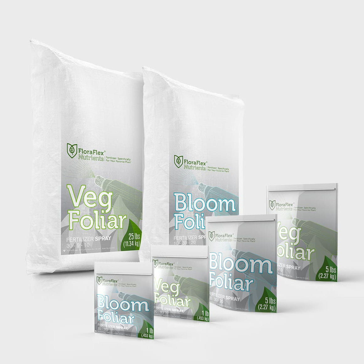 FloraFlex Veg and Bloom Foliar fertilizer spray bags in 25lb, 5lb, and 1lb sizes.