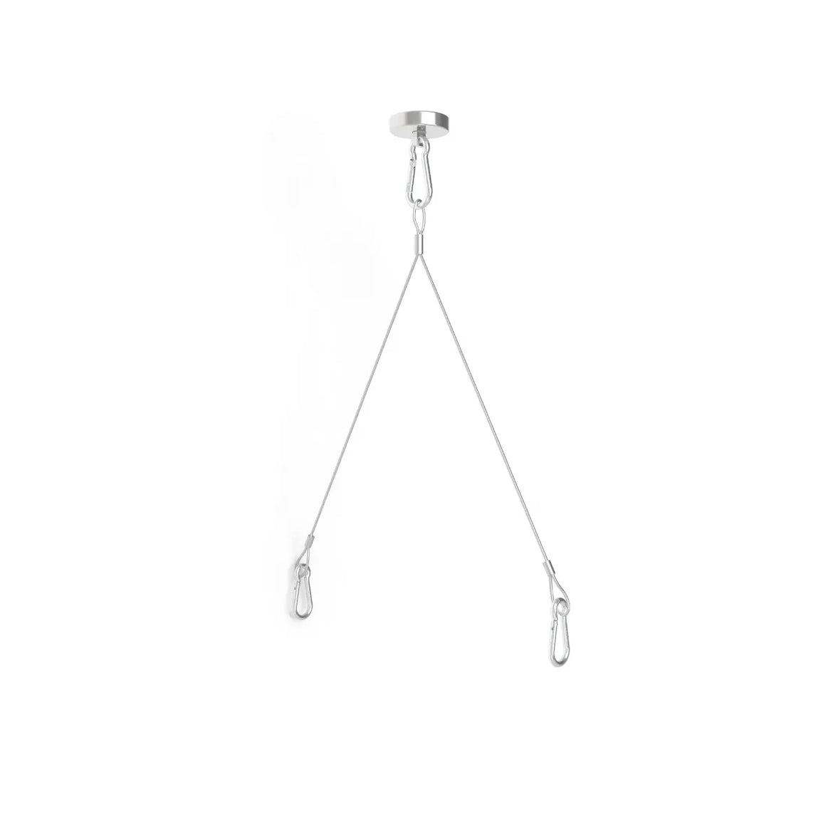 Magnetic light hanger: silver metal top mount, central carabiner, Y-split suspension cables, and two lower clips.