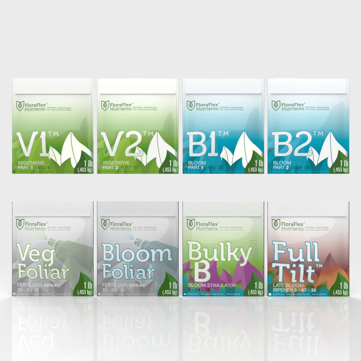 FloraFlex Nutrients starter kit includes V1, V2, B1, B2, Veg Foliar, Bloom Foliar, Bulky B, and Full Tilt.