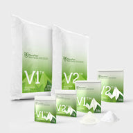 FloraFlex V1 & V2 nutrient bags and small containers, plus loose powder.