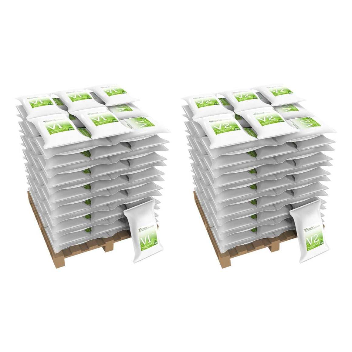 FloraFlex Veg Nutrients Combo 2: Two pallets stacked with bags of FloraFlex V1 and V2 dry nutrient mixes.