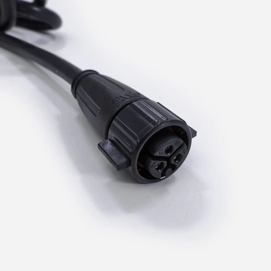 Black FloraFlex 12AWG extension power cord with a black 3-pin circular connector on a white background.