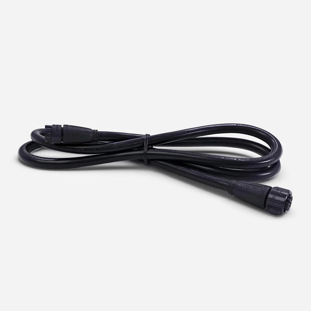 FloraFlex black 16AWG power extension cord, coiled and tied, showing male and female connectors on a white background.