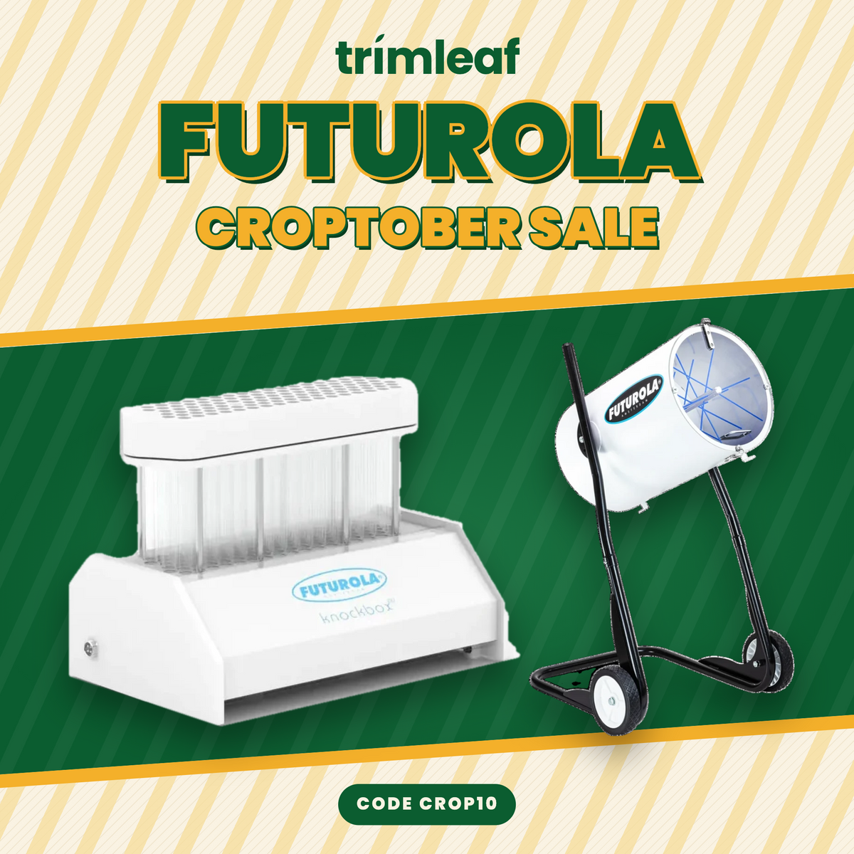 Futurola "CROPTOBER SALE" ad featuring a white bud trimmer and a white trimming machine with black stand.