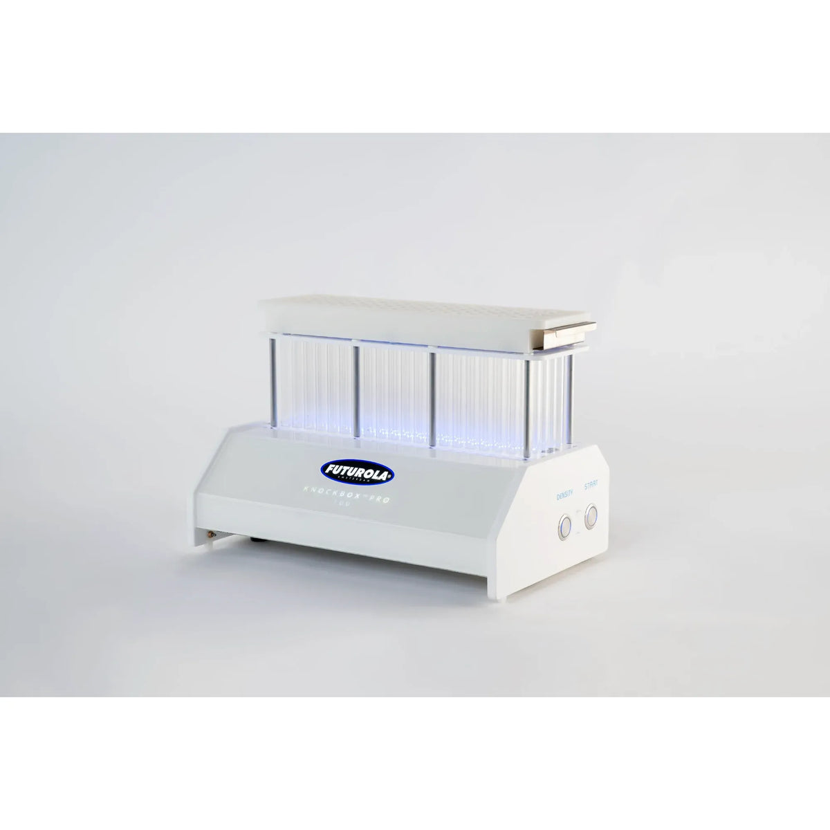 Futurola Knockbox Pro 100 with clear tubes and blue LED lights on white background.