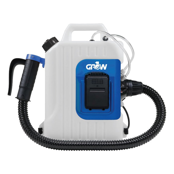 GROW 24V cordless backpack fogger ULv atomizer, white tank with blue control panel.
