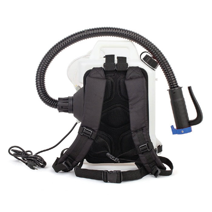 Cordless 2.5-gallon ULV backpack fogger and atomizer with black straps and hose.