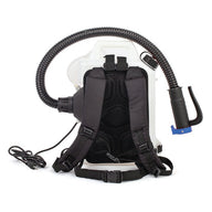 Cordless 2.5-gallon ULV backpack fogger and atomizer with black straps and hose.