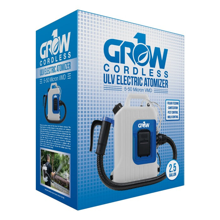 GROW 1 24V cordless backpack fogger ULV atomizer 2.5 gallon. White and blue.