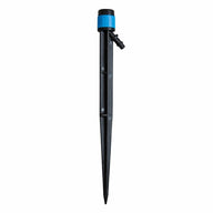 Black adjustable bubbler dripper with blue cap and barbed outlet, on white background.