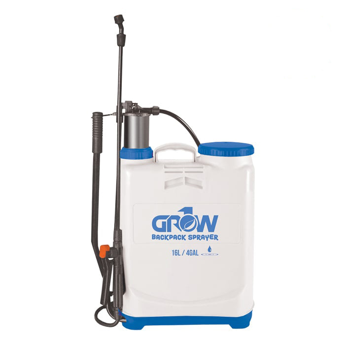 White and blue Grow 16L/4Gal backpack sprayer with spray wand and handle.