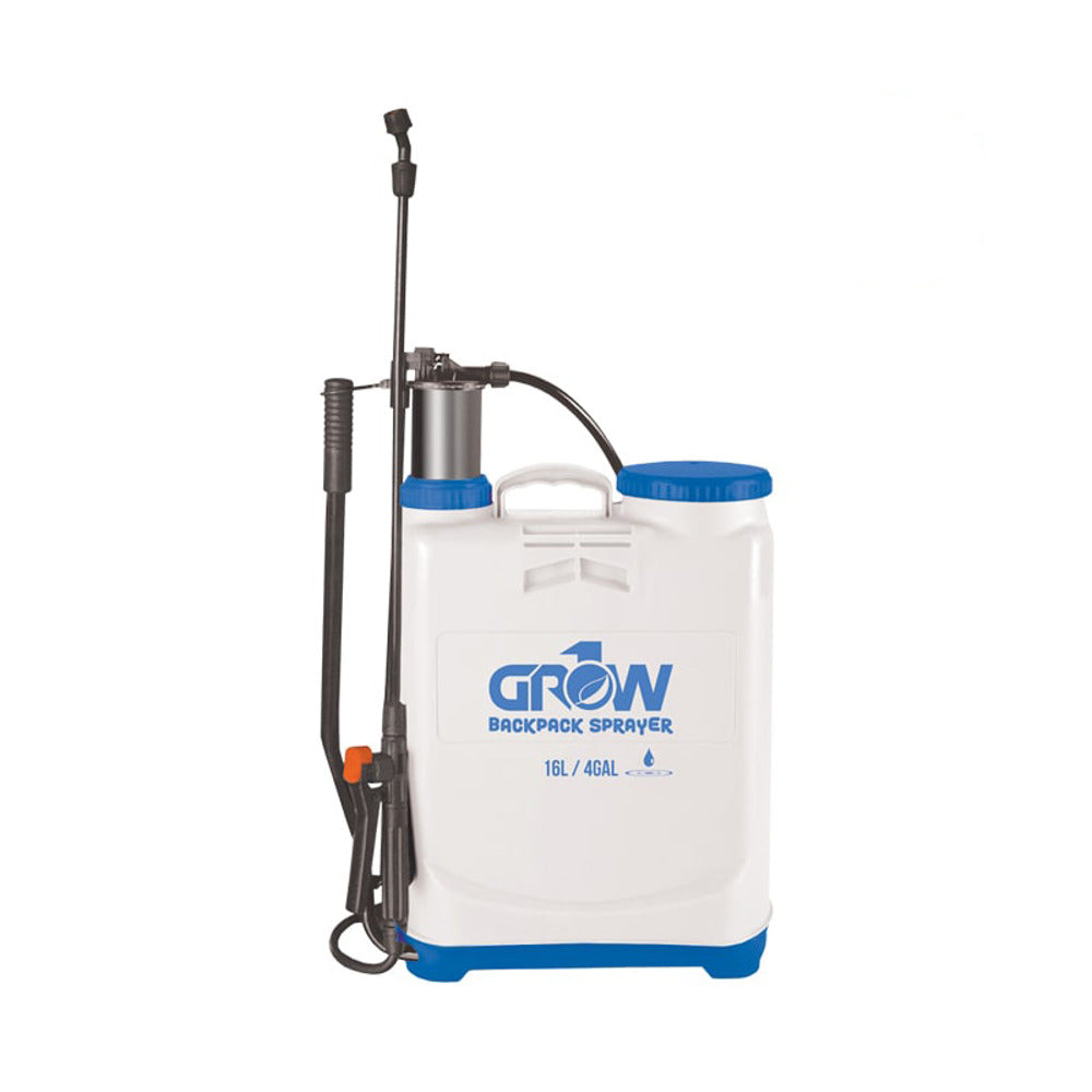 White and blue Grow 16L/4Gal backpack sprayer with spray wand and handle.