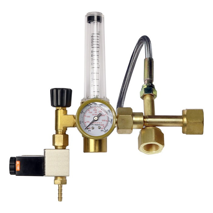 Brass CO2 regulator with pressure gauge, flow meter, and flexible hose.