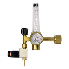 Brass CO2 regulator with black knob, pressure gauge, and clear flow meter tube.