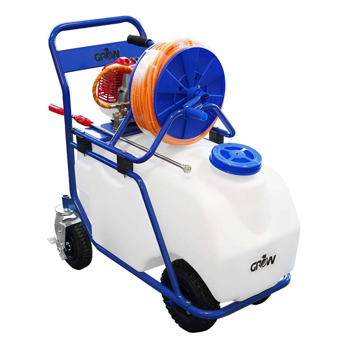 Blue and white wheeled sprayer with hose reel and gas engine.