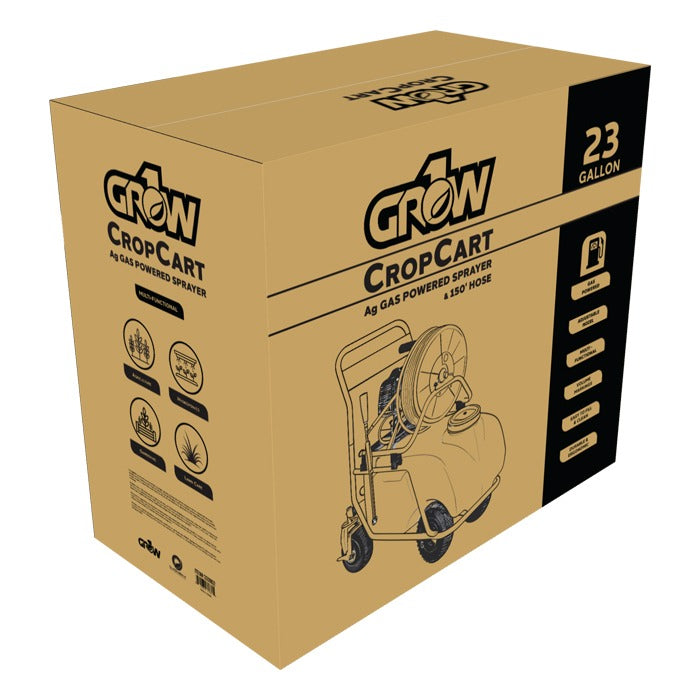 23-gallon Grow CropCart gas-powered sprayer with 150ft hose, shown on a cardboard box.