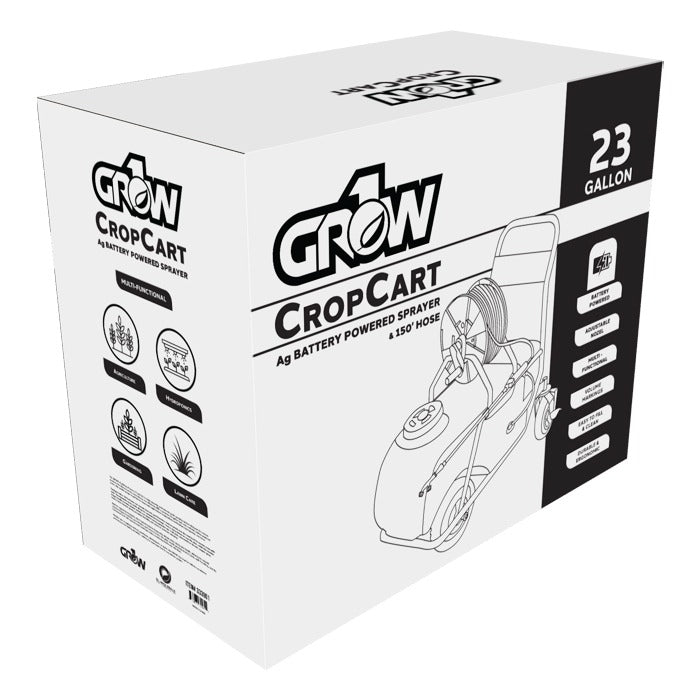 GROW1 CropCart battery-powered sprayer with 23-gallon capacity and 150ft hose.