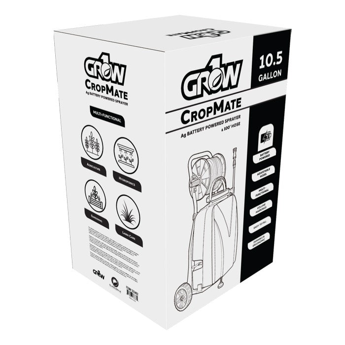 Grow CropMate 10.5 Gallon battery-powered sprayer on wheels, featuring multi-functional uses.
