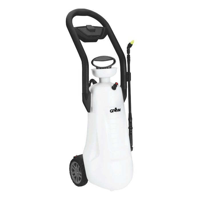 White 3-gallon pump sprayer with wheels and handle.