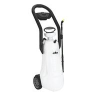 White 3-gallon pump sprayer with wheels and handle.