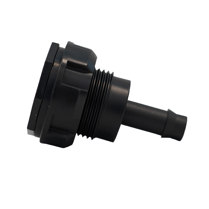 Black plastic threaded fill and drain fitting with barbed hose connector.