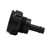 Black plastic threaded fill and drain fitting with barbed hose connector.
