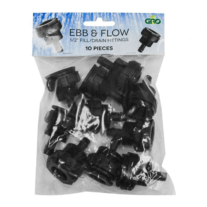 Black "Ebb & Flow" 1/2" fill/drain fittings by GRO, 10 pieces.