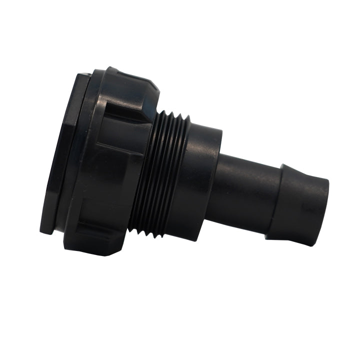 Black plastic tank fitting with threaded and barbed ends.