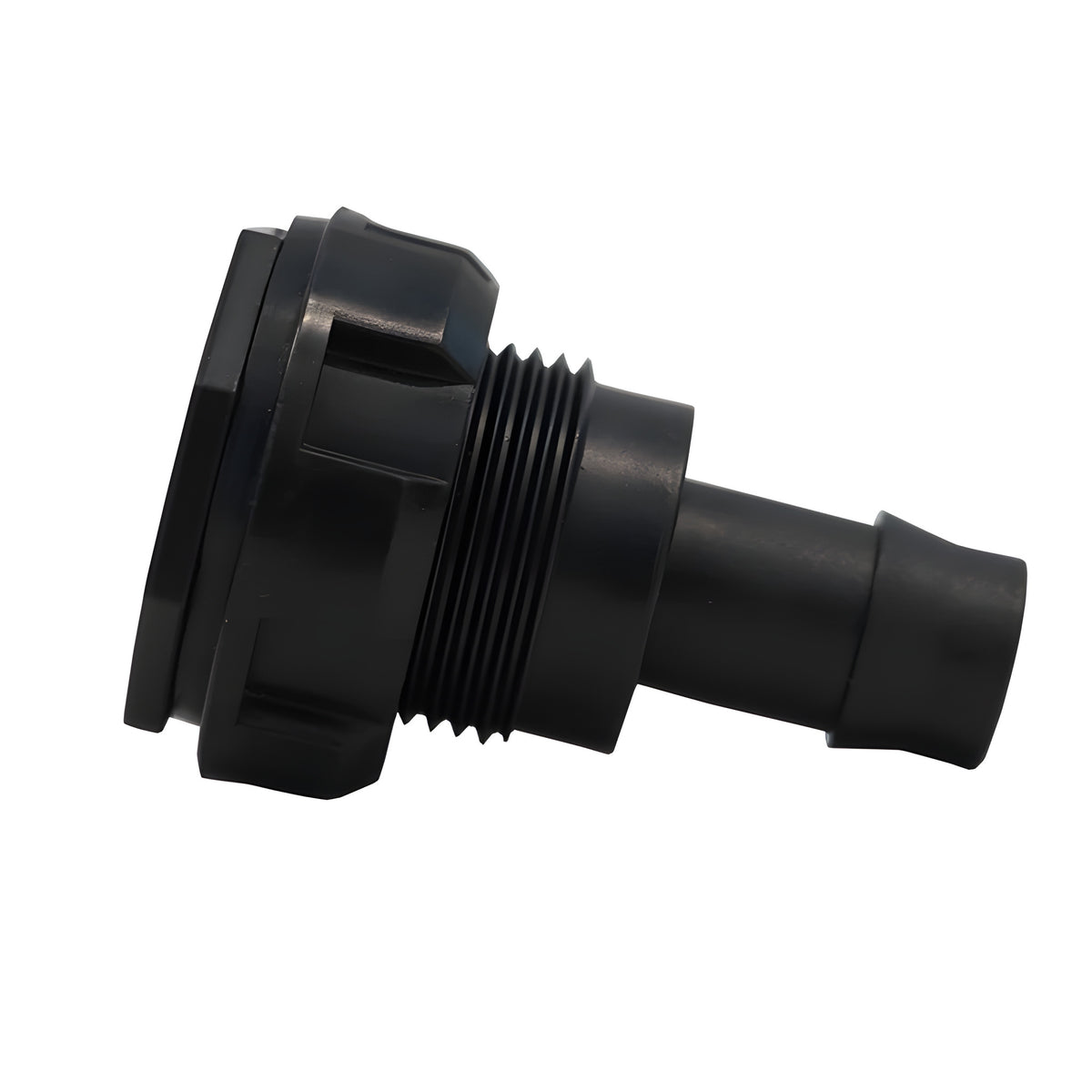 Black plastic tank fitting with threaded and barbed ends.