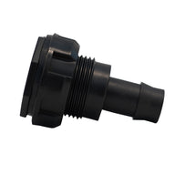 Black plastic tank fitting with threaded and barbed ends.