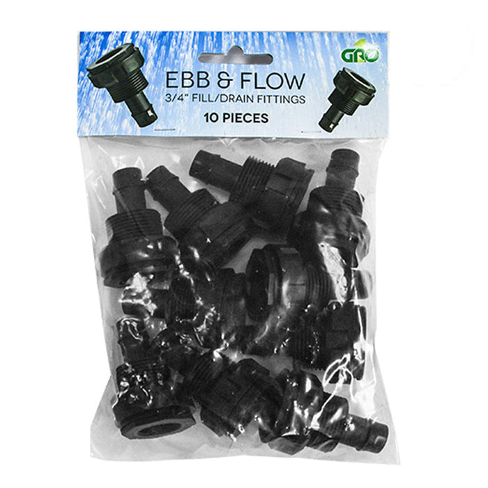 Pack of 10 black 3/4" Ebb & Flow fill/drain fittings with threaded and barbed ends.