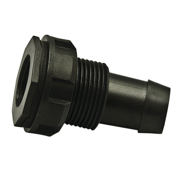 Black plastic bulkhead fitting with threaded end and barbed outlet.