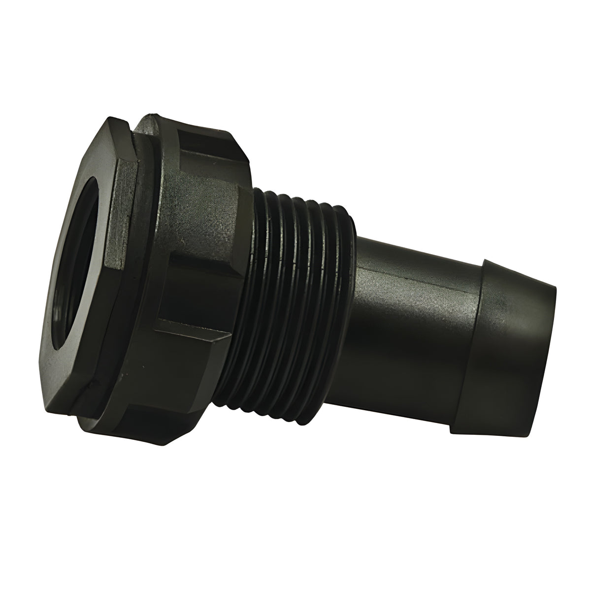 Black plastic bulkhead fitting with threaded end and barbed outlet.