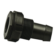 Black plastic bulkhead fitting with threaded end and barbed outlet.
