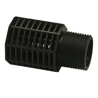 Black plastic threaded intake filter screen with rectangular grid.