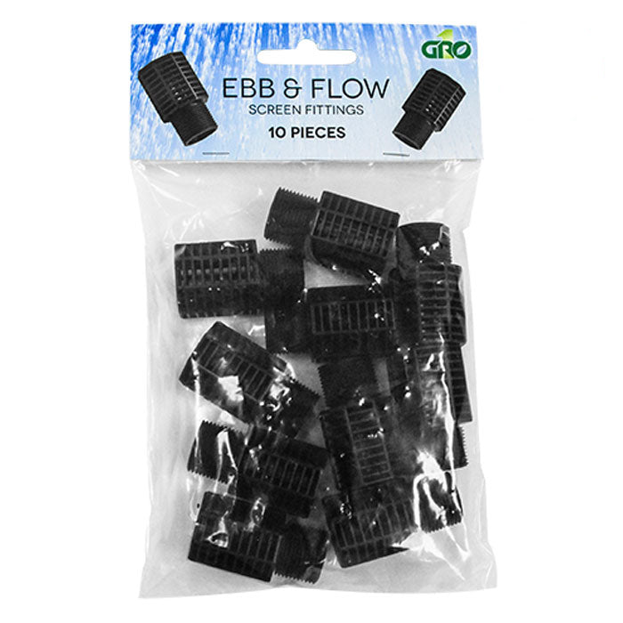 Black plastic screen fittings for Ebb & Flow hydroponic systems, packaged in a clear bag.