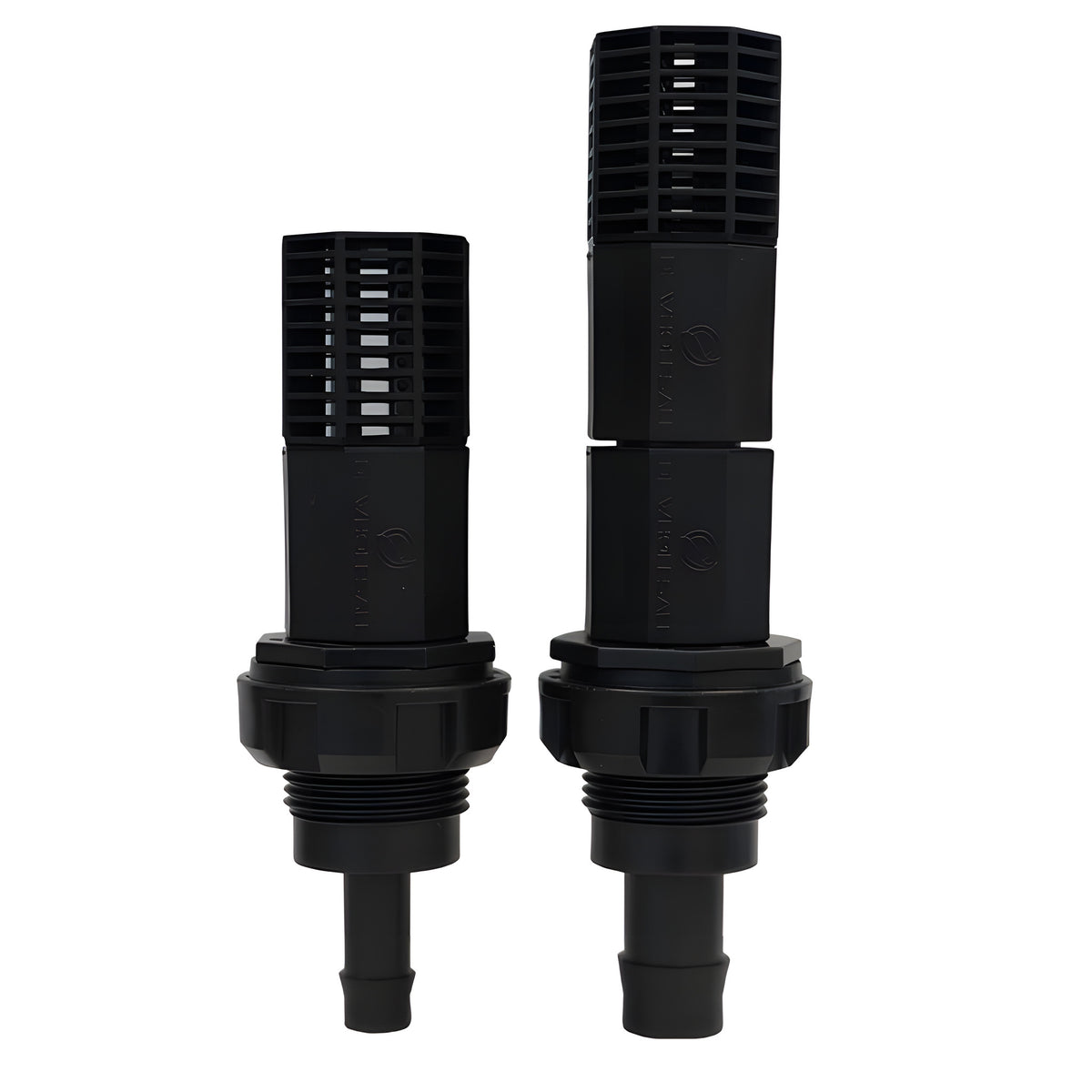 Two black ebb and flow fittings with ribbed top filters and threaded bases with hose barbs.