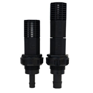 Two black ebb and flow fittings with ribbed top filters and threaded bases with hose barbs.